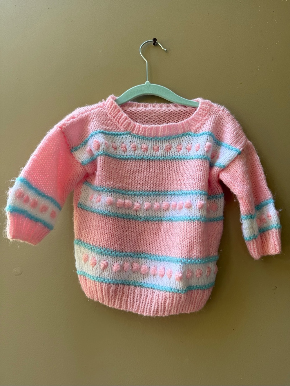 Vintage Hand-Knit Pink Striped Baby Sweater